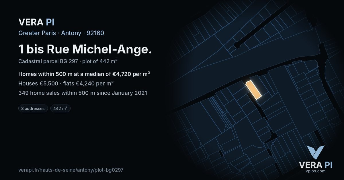 1 bis Rue Michel-Ange, Antony at night – the plot lit, the parcels around coloured by the prices near them