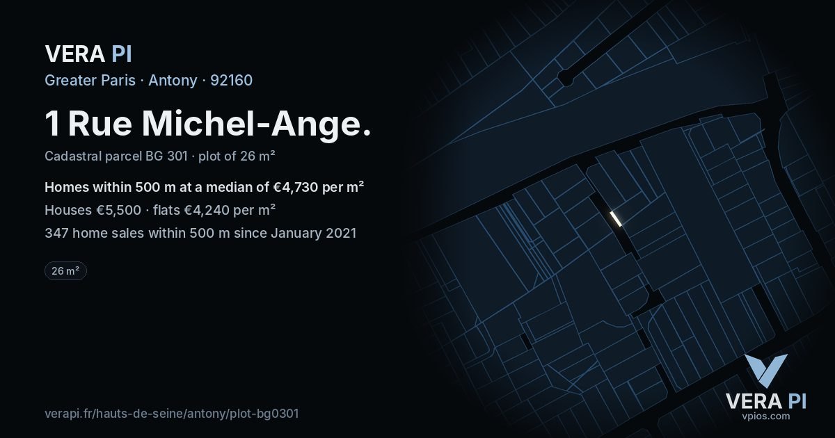 1 Rue Michel-Ange, Antony at night – the plot lit, the parcels around coloured by the prices near them