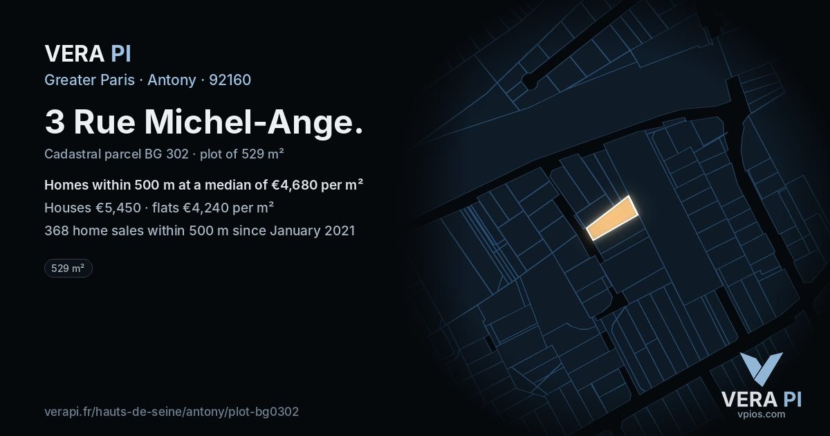 3 Rue Michel-Ange, Antony at night – the plot lit, the parcels around coloured by the prices near them