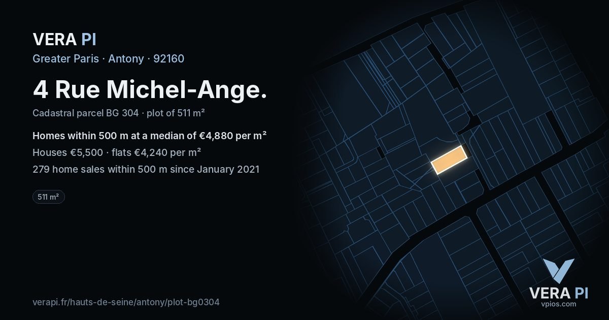 4 Rue Michel-Ange, Antony at night – the plot lit, the parcels around coloured by the prices near them