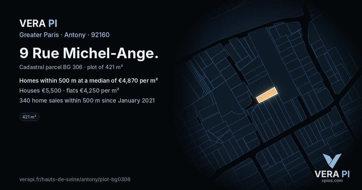 9 Rue Michel-Ange, Antony at night – the plot lit, the parcels around coloured by the prices near them
