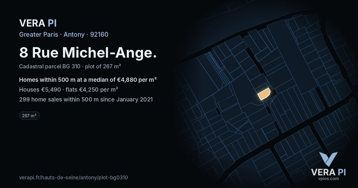 8 Rue Michel-Ange, Antony at night – the plot lit, the parcels around coloured by the prices near them