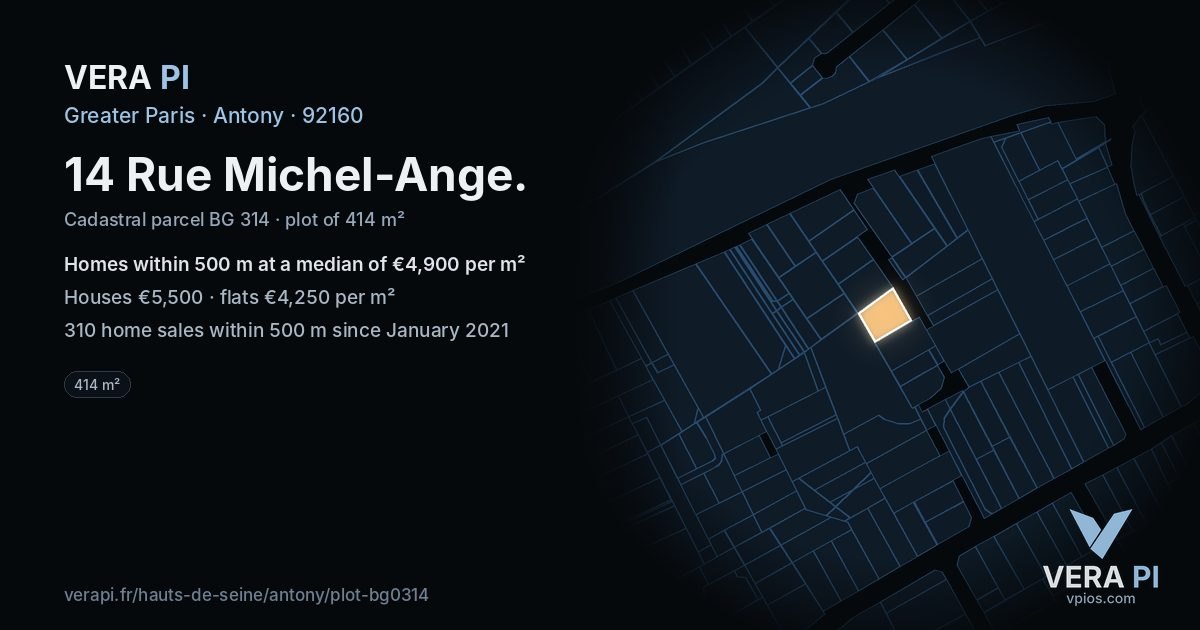 14 Rue Michel-Ange, Antony at night – the plot lit, the parcels around coloured by the prices near them
