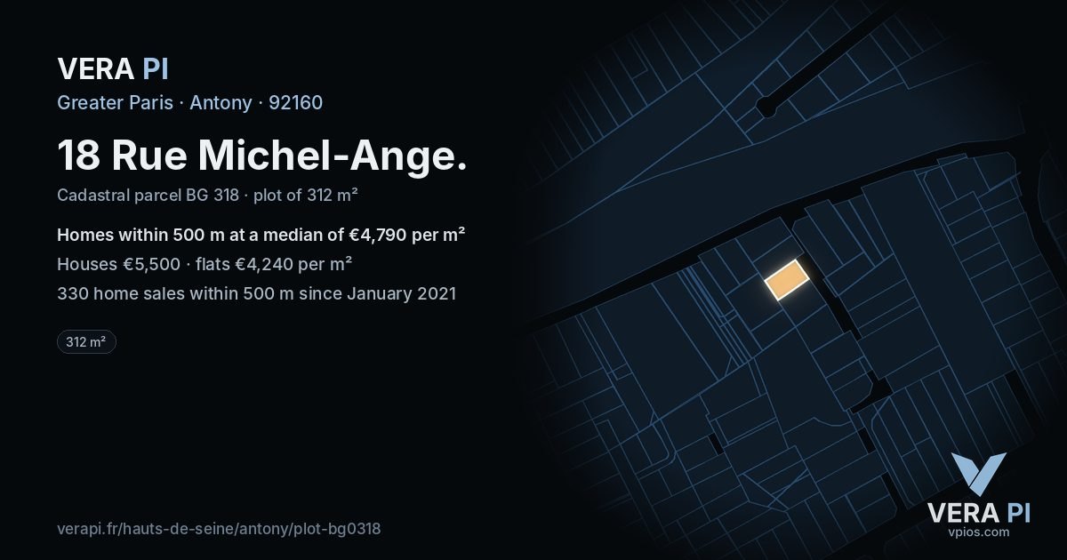 18 Rue Michel-Ange, Antony at night – the plot lit, the parcels around coloured by the prices near them