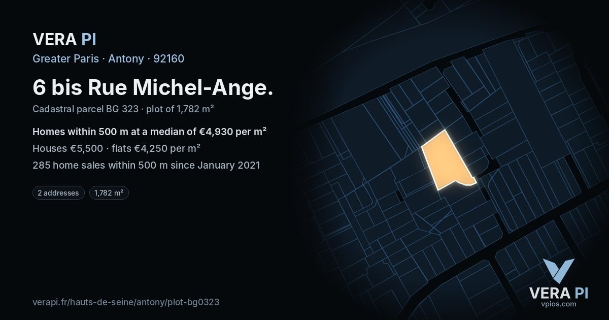 6 bis Rue Michel-Ange, Antony at night – the plot lit, the parcels around coloured by the prices near them