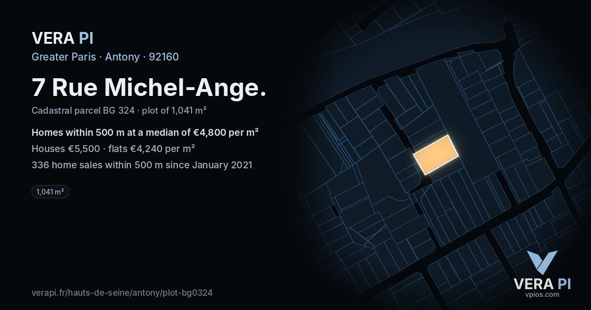 7 Rue Michel-Ange, Antony at night – the plot lit, the parcels around coloured by the prices near them