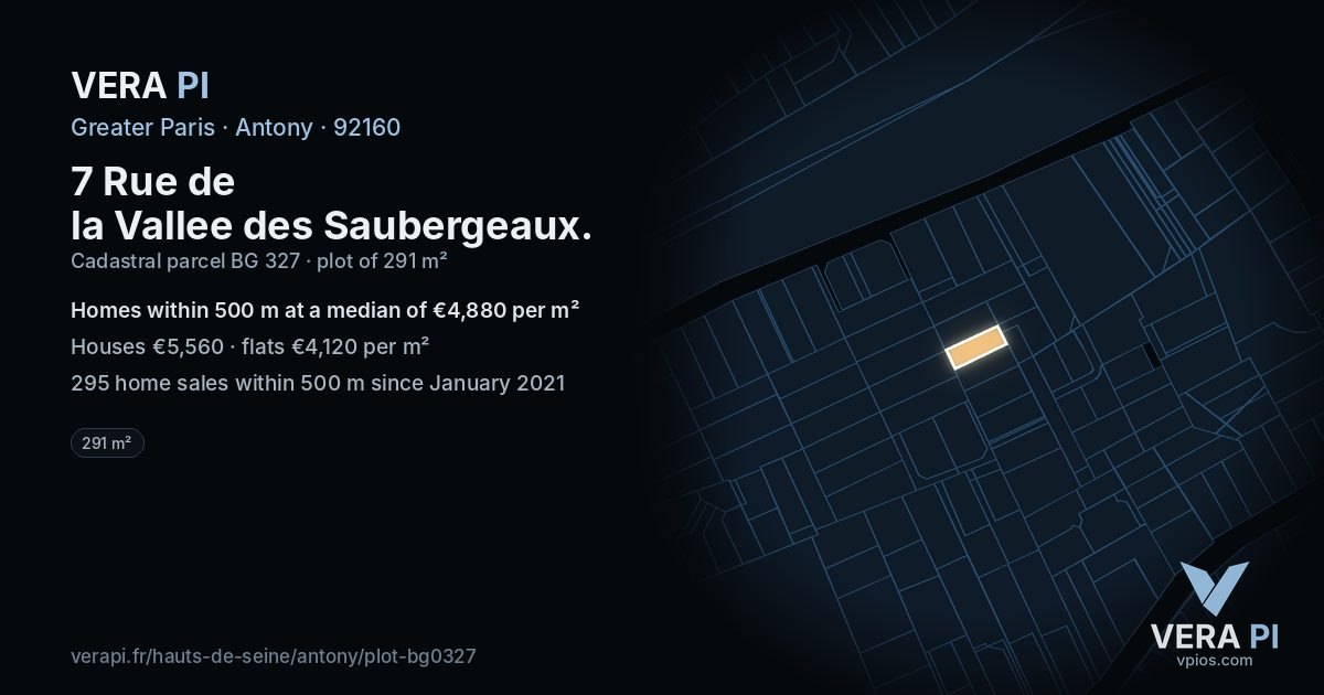 7 Rue de la Vallee des Saubergeaux, Antony at night – the plot lit, the parcels around coloured by the prices near them
