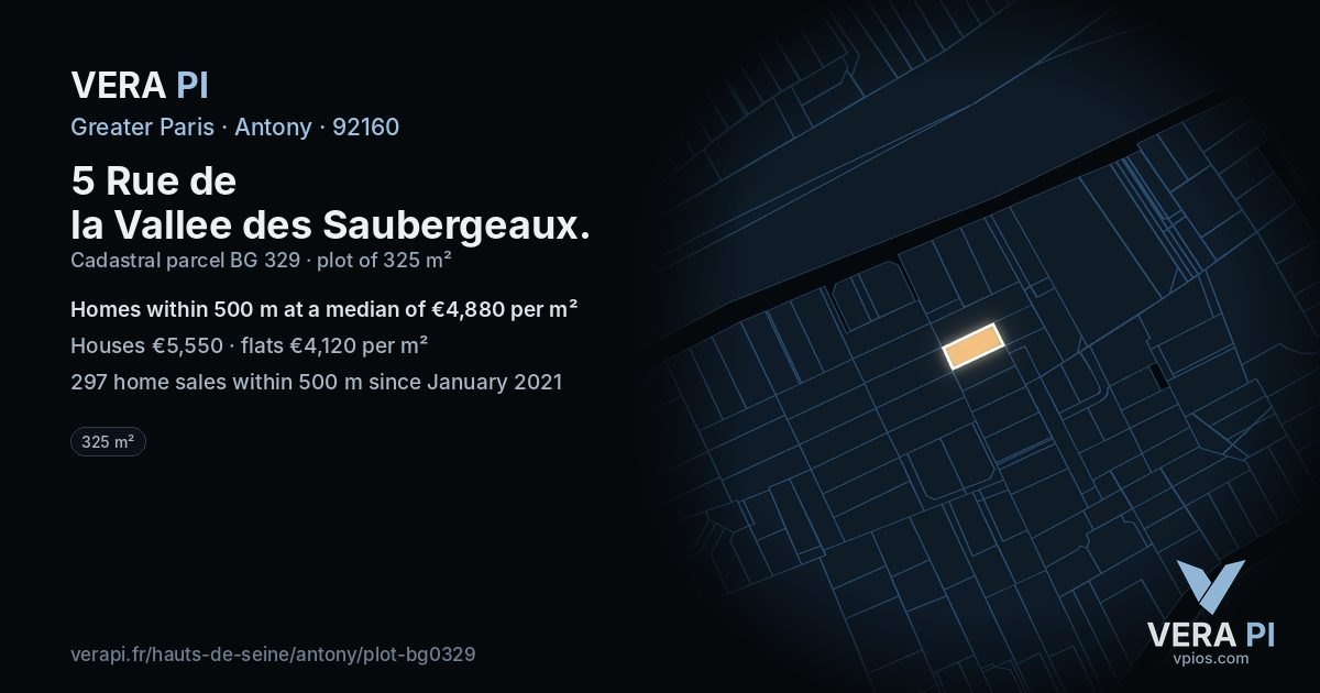 5 Rue de la Vallee des Saubergeaux, Antony at night – the plot lit, the parcels around coloured by the prices near them