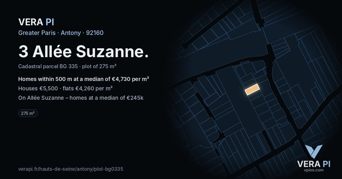 3 Allée Suzanne, Antony at night – the plot lit, the parcels around coloured by the prices near them