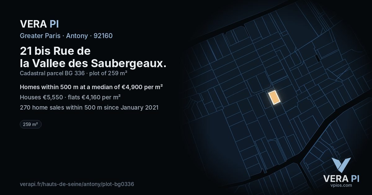 21 bis Rue de la Vallee des Saubergeaux, Antony at night – the plot lit, the parcels around coloured by the prices near them