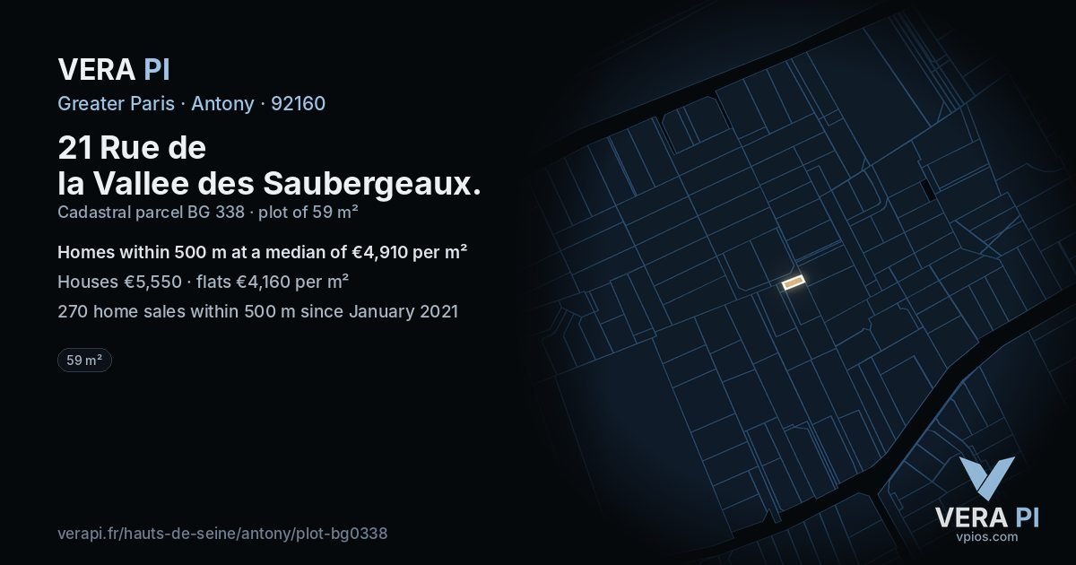 21 Rue de la Vallee des Saubergeaux, Antony at night – the plot lit, the parcels around coloured by the prices near them