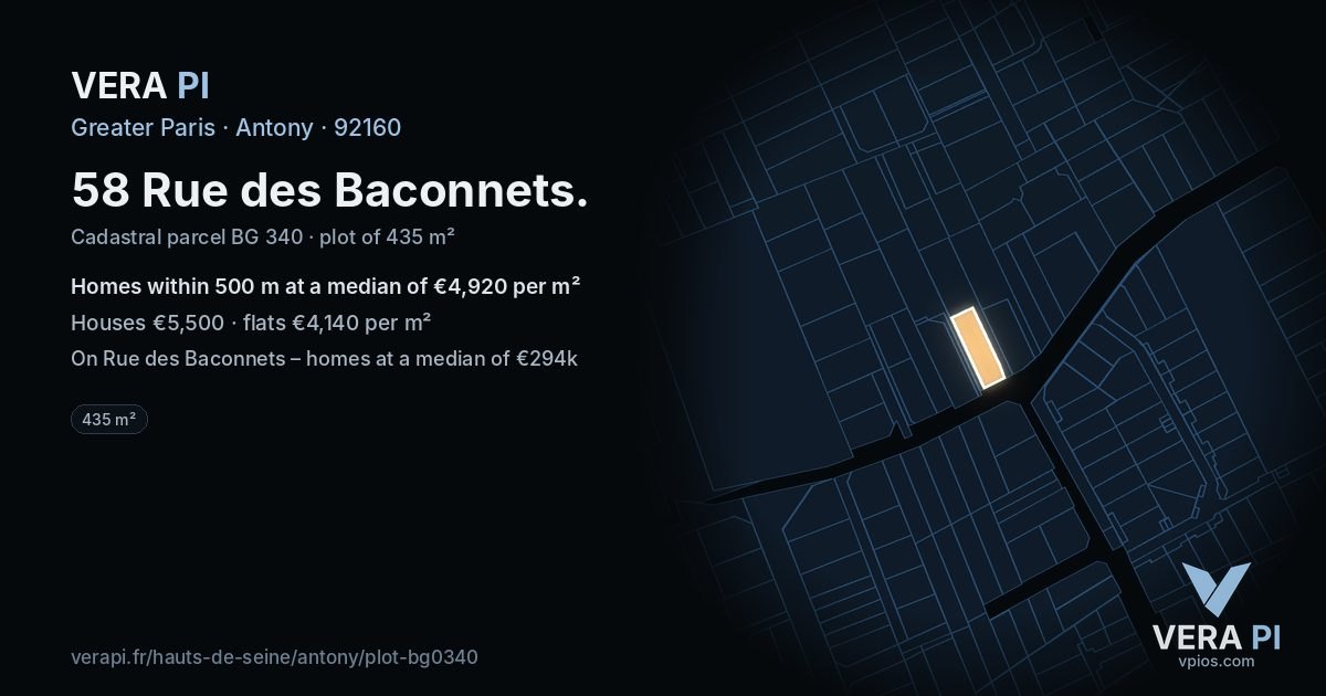 58 Rue des Baconnets, Antony at night – the plot lit, the parcels around coloured by the prices near them