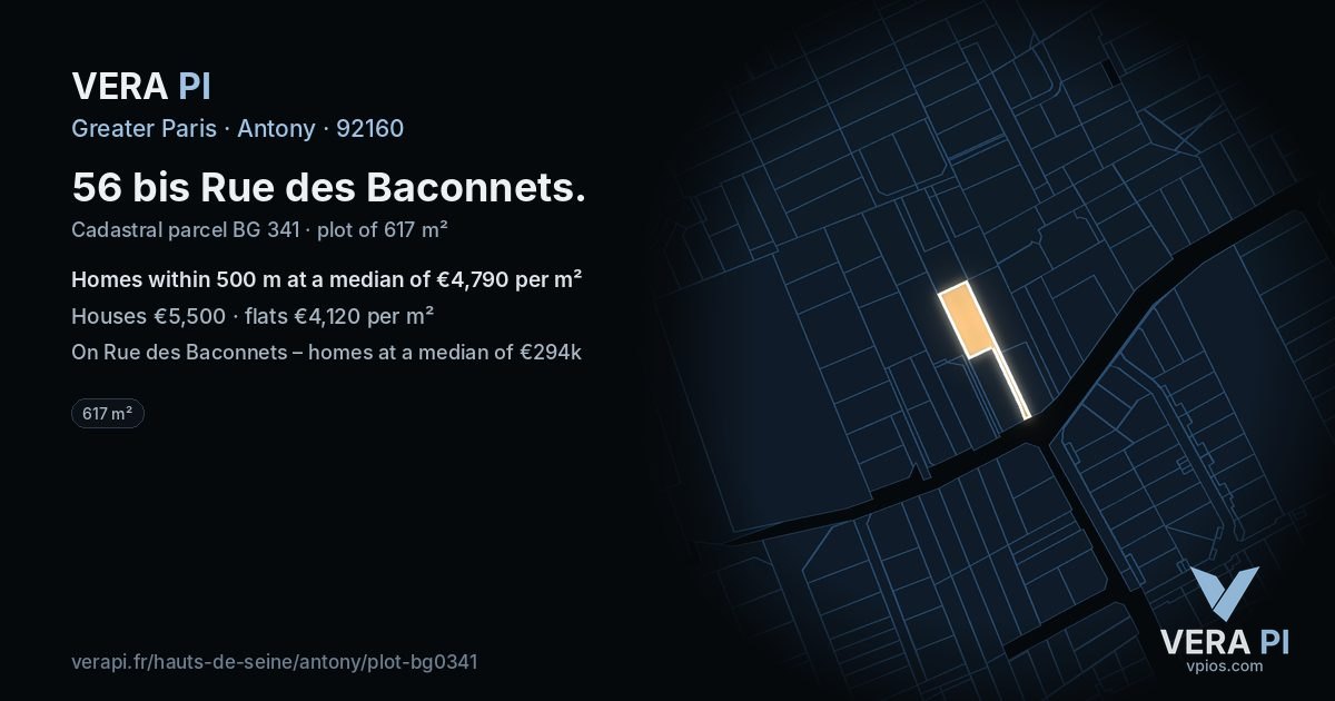 56 bis Rue des Baconnets, Antony at night – the plot lit, the parcels around coloured by the prices near them