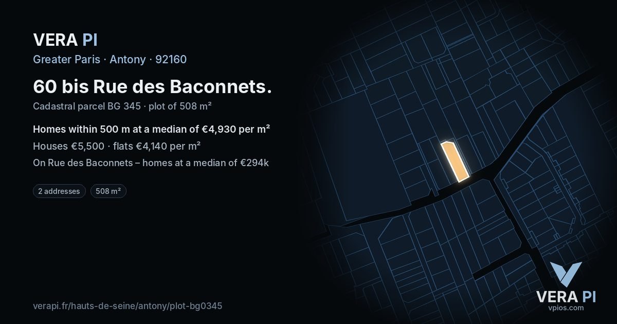 60 bis Rue des Baconnets, Antony at night – the plot lit, the parcels around coloured by the prices near them