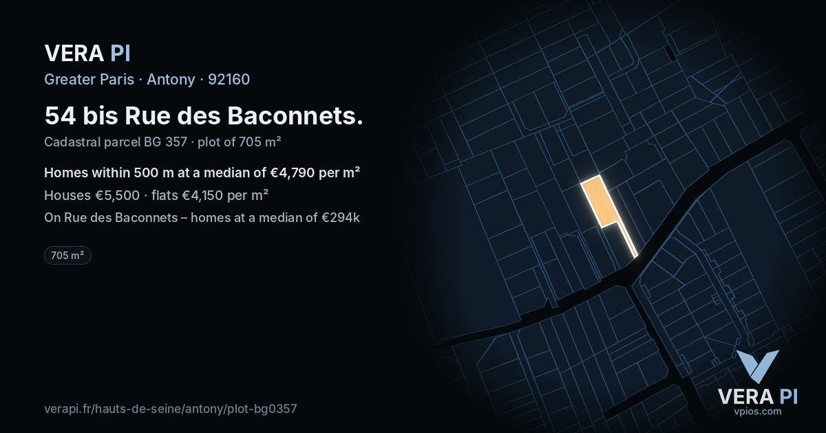 54 bis Rue des Baconnets, Antony at night – the plot lit, the parcels around coloured by the prices near them