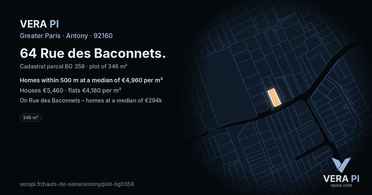 64 Rue des Baconnets, Antony at night – the plot lit, the parcels around coloured by the prices near them