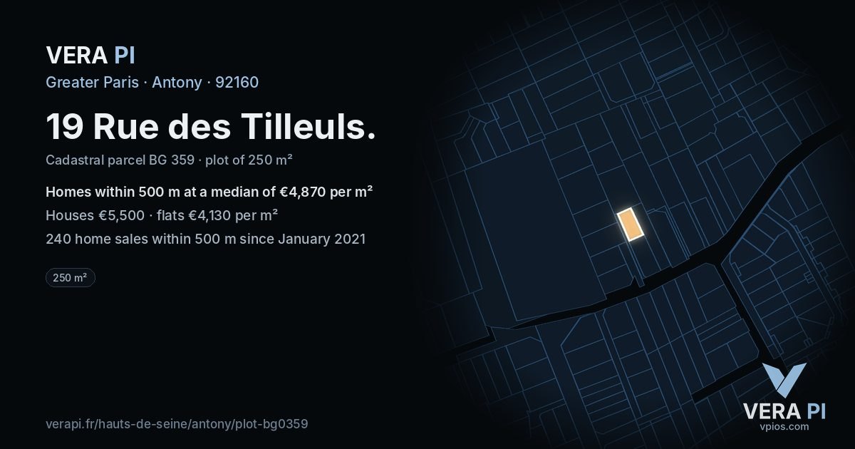19 Rue des Tilleuls, Antony at night – the plot lit, the parcels around coloured by the prices near them