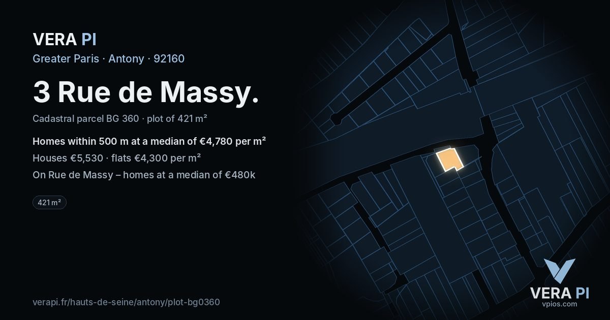 3 Rue de Massy, Antony at night – the plot lit, the parcels around coloured by the prices near them
