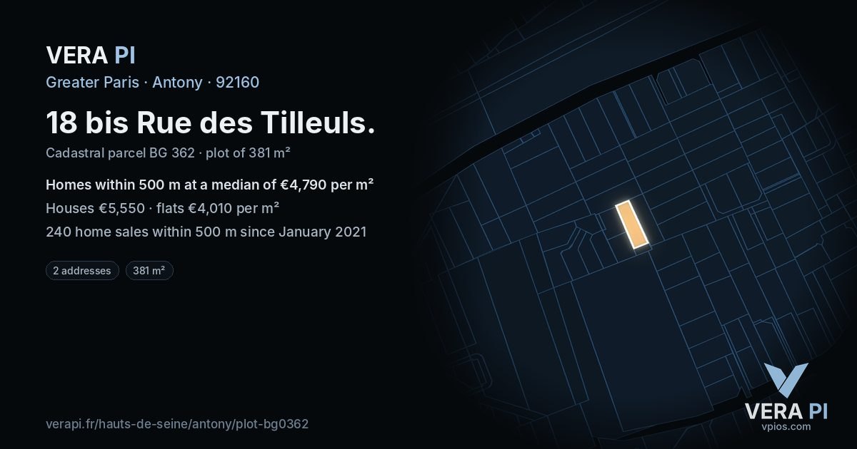 18 bis Rue des Tilleuls, Antony at night – the plot lit, the parcels around coloured by the prices near them