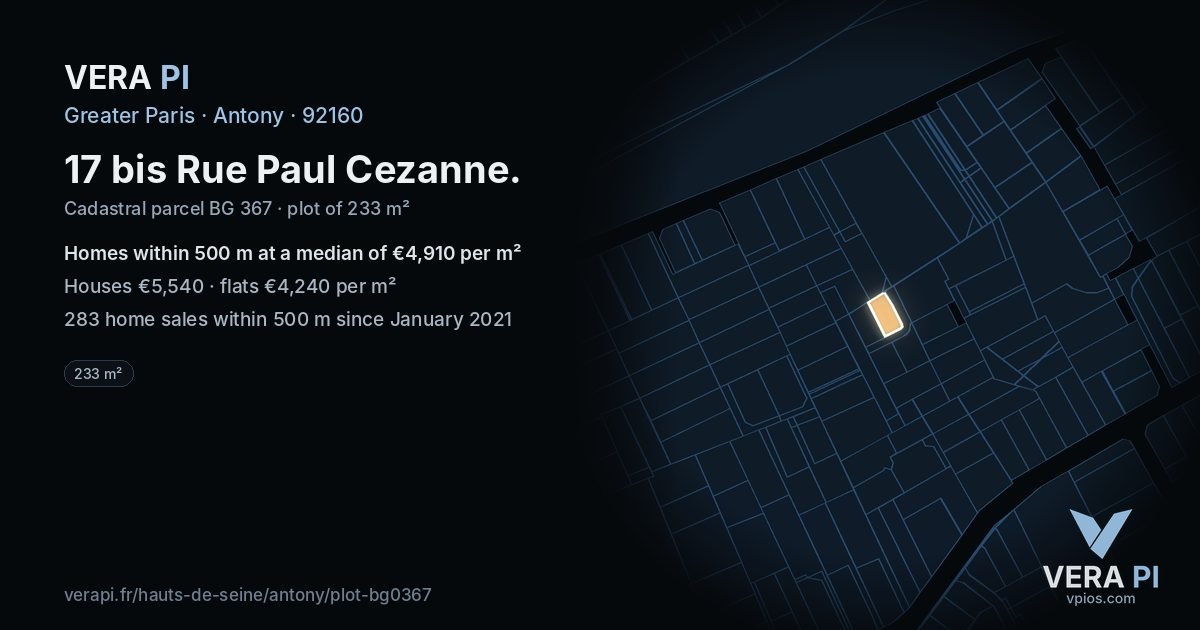 17 bis Rue Paul Cezanne, Antony at night – the plot lit, the parcels around coloured by the prices near them
