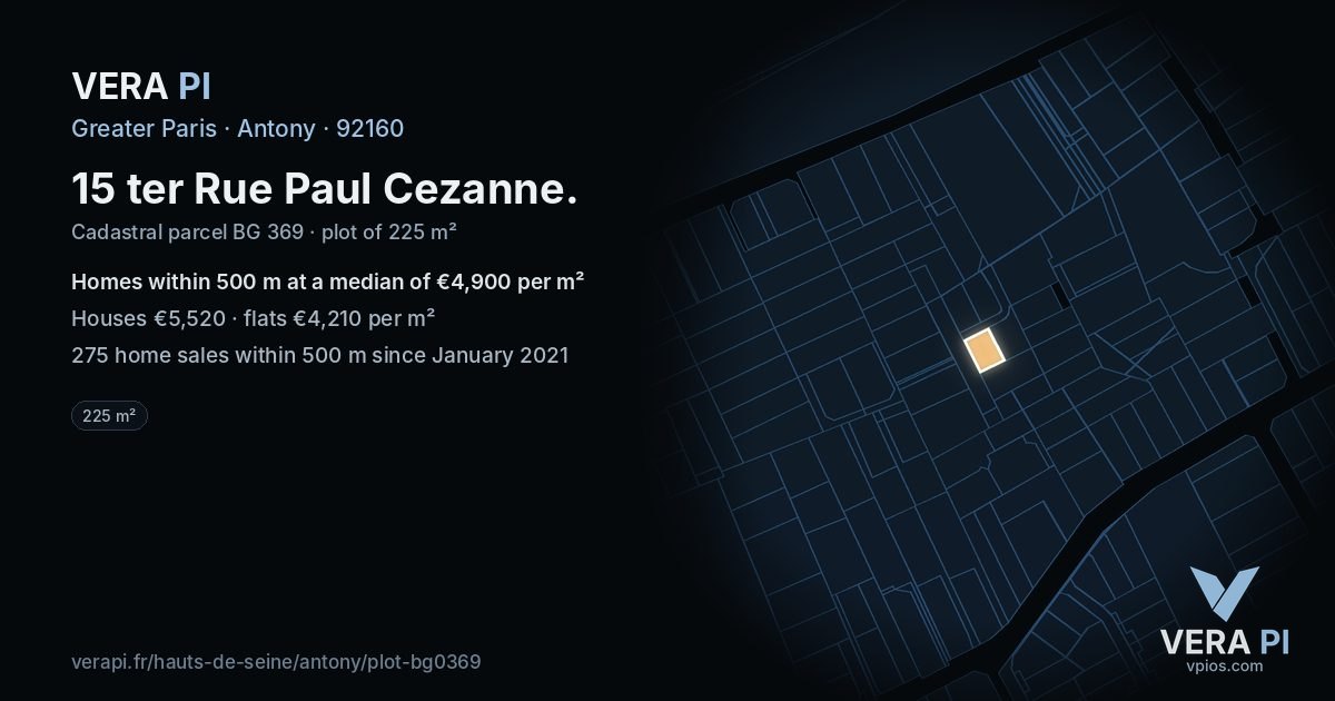 15 ter Rue Paul Cezanne, Antony at night – the plot lit, the parcels around coloured by the prices near them