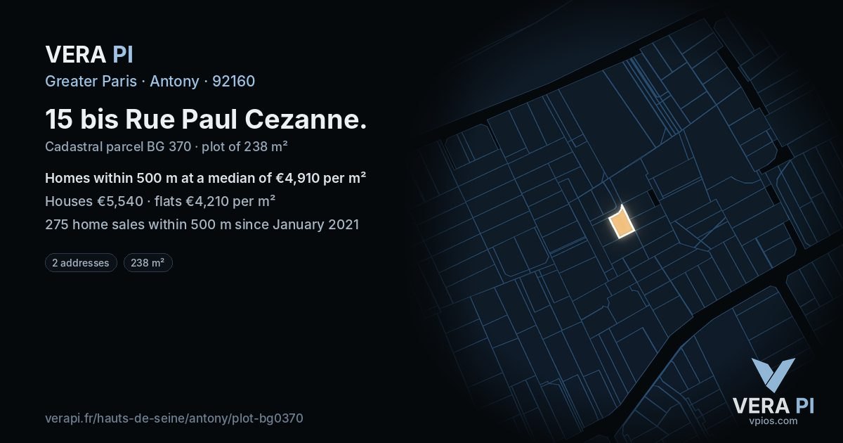 15 bis Rue Paul Cezanne, Antony at night – the plot lit, the parcels around coloured by the prices near them