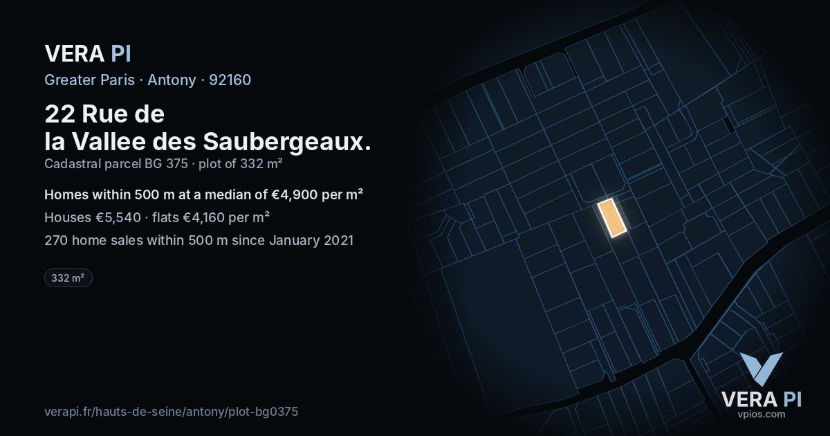 22 Rue de la Vallee des Saubergeaux, Antony at night – the plot lit, the parcels around coloured by the prices near them