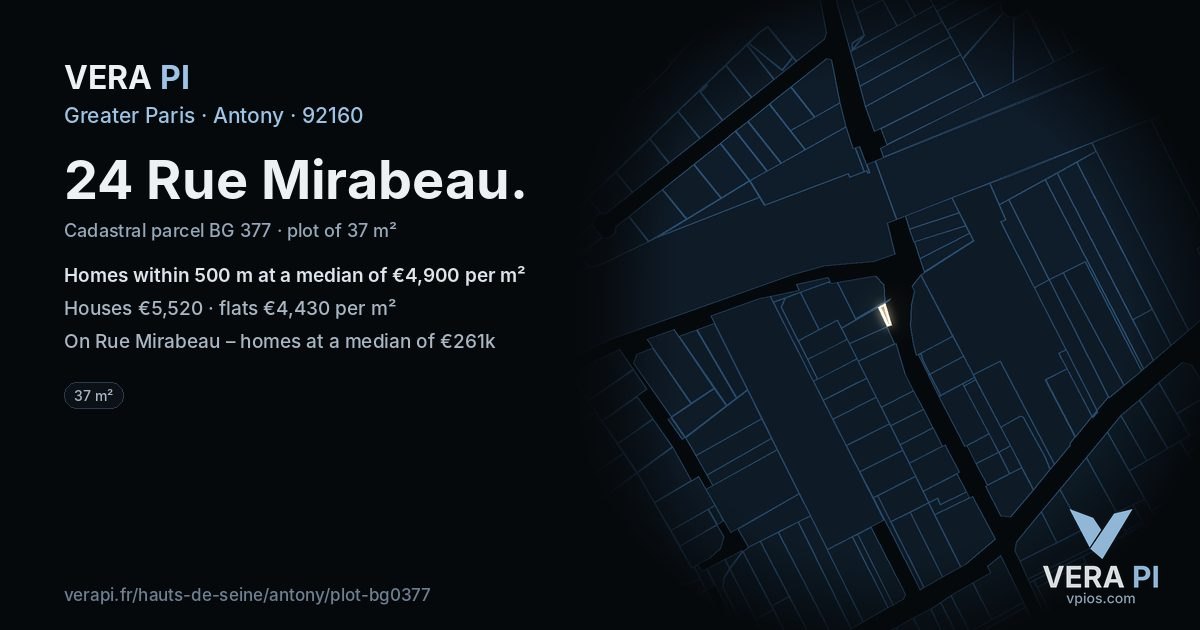 24 Rue Mirabeau, Antony at night – the plot lit, the parcels around coloured by the prices near them