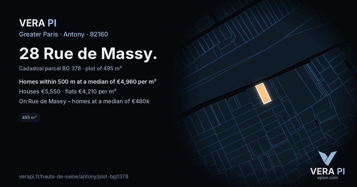 28 Rue de Massy, Antony at night – the plot lit, the parcels around coloured by the prices near them