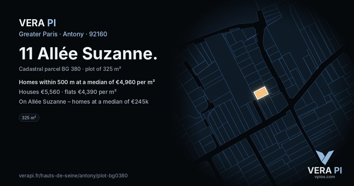 11 Allée Suzanne, Antony at night – the plot lit, the parcels around coloured by the prices near them
