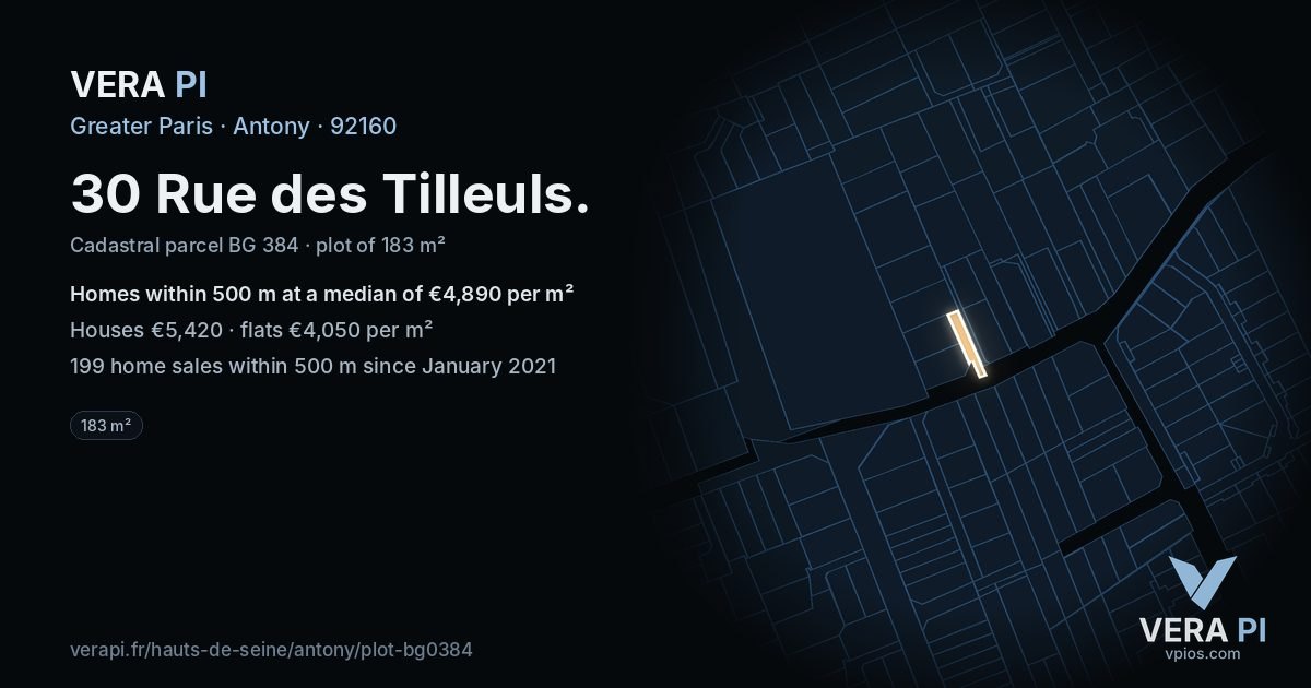 30 Rue des Tilleuls, Antony at night – the plot lit, the parcels around coloured by the prices near them