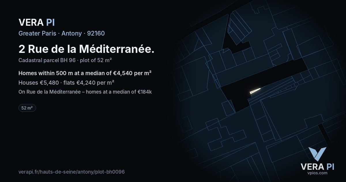 2 Rue de la Méditerranée, Antony at night – the plot lit, the parcels around coloured by the prices near them