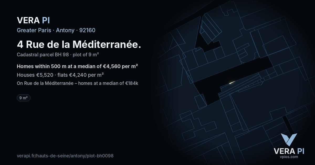 4 Rue de la Méditerranée, Antony at night – the plot lit, the parcels around coloured by the prices near them