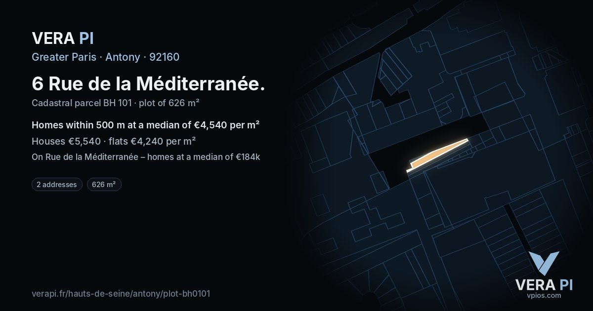 6 Rue de la Méditerranée, Antony at night – the plot lit, the parcels around coloured by the prices near them