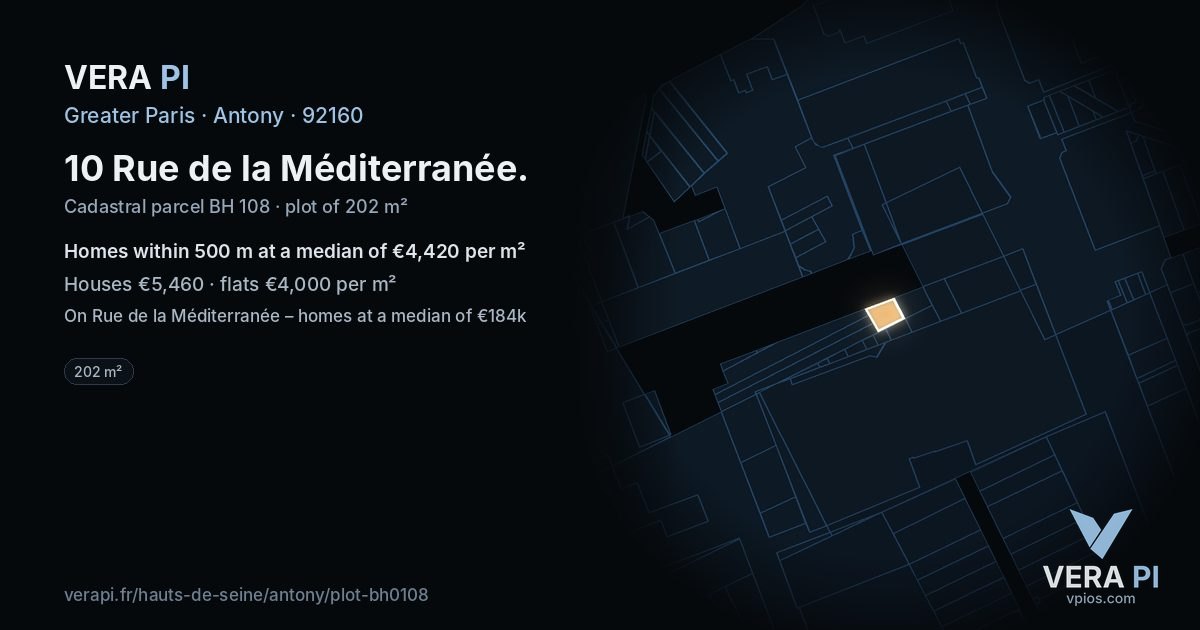 10 Rue de la Méditerranée, Antony at night – the plot lit, the parcels around coloured by the prices near them