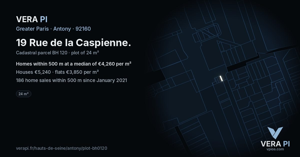 19 Rue de la Caspienne, Antony at night – the plot lit, the parcels around coloured by the prices near them