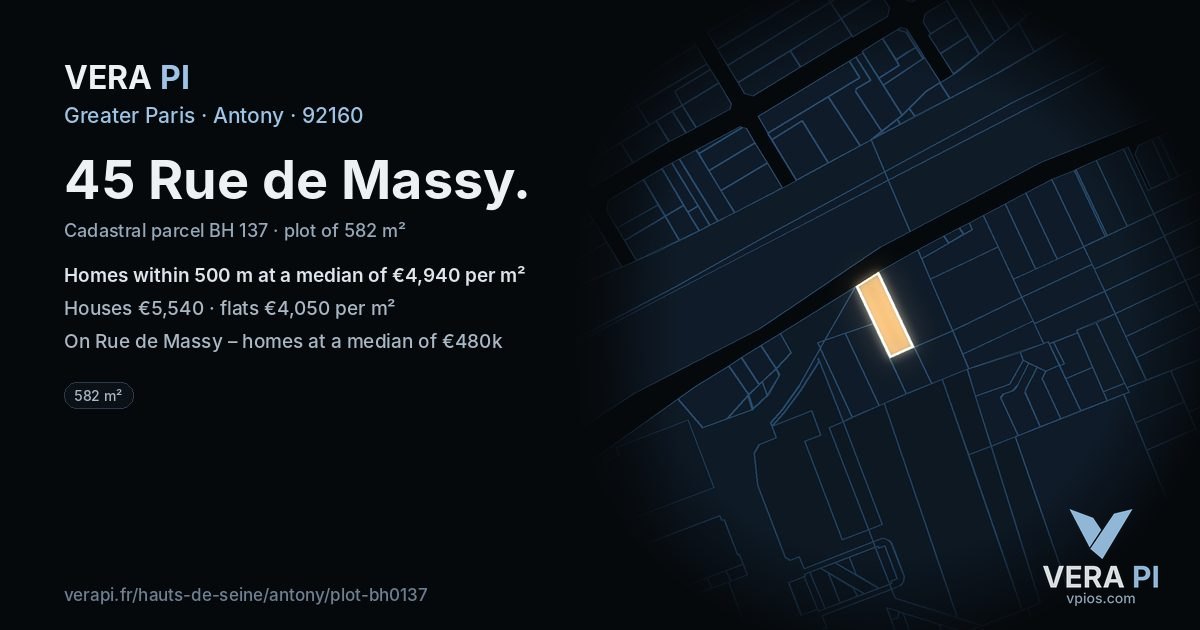 45 Rue de Massy, Antony at night – the plot lit, the parcels around coloured by the prices near them
