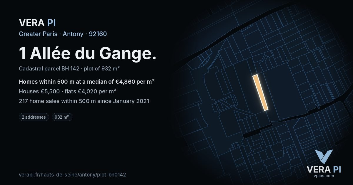 1 Allée du Gange, Antony at night – the plot lit, the parcels around coloured by the prices near them