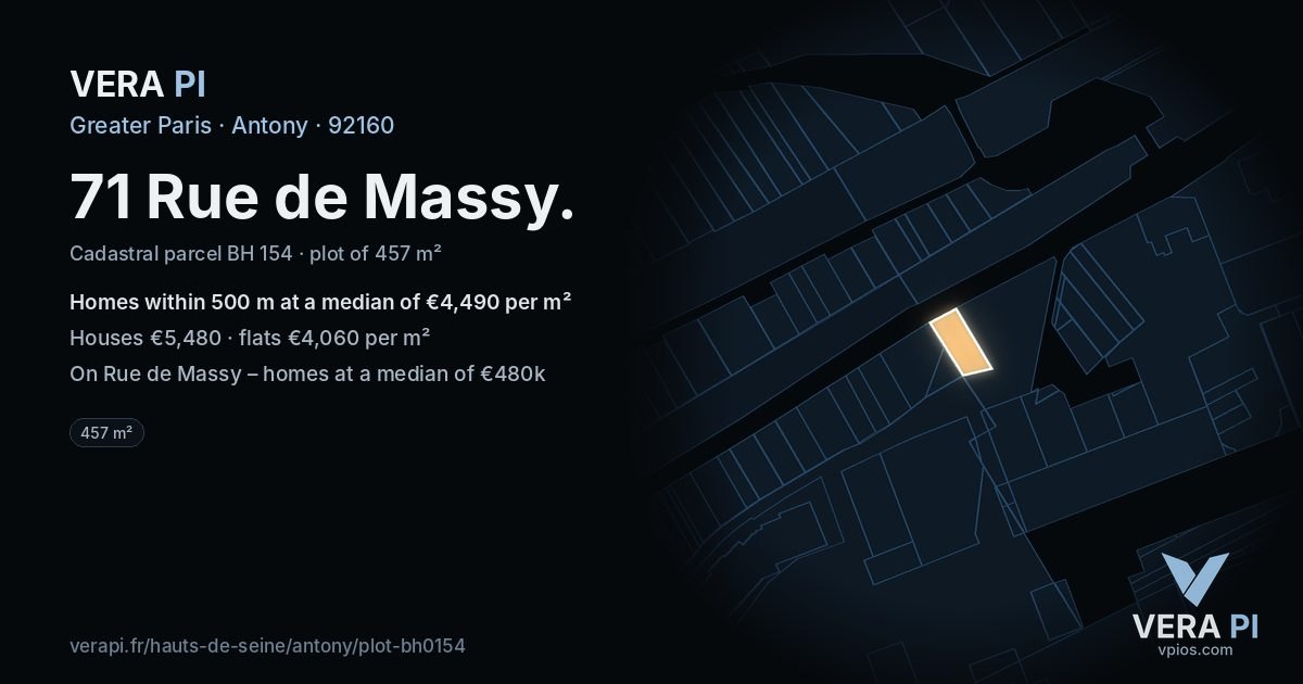 71 Rue de Massy, Antony at night – the plot lit, the parcels around coloured by the prices near them