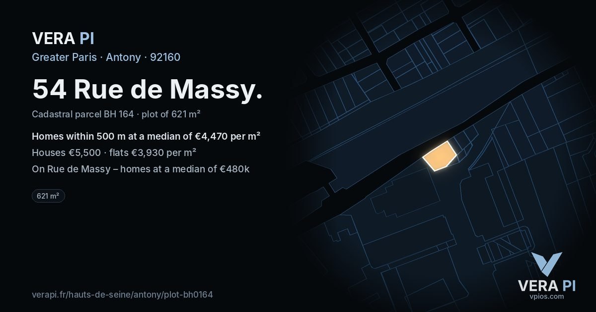 54 Rue de Massy, Antony at night – the plot lit, the parcels around coloured by the prices near them