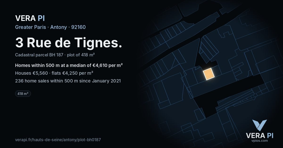 3 Rue de Tignes, Antony at night – the plot lit, the parcels around coloured by the prices near them