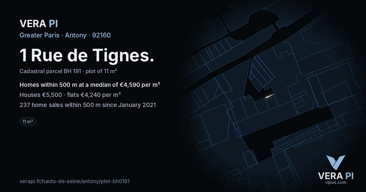 1 Rue de Tignes, Antony at night – the plot lit, the parcels around coloured by the prices near them