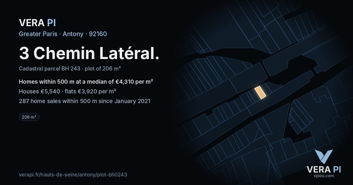 3 Chemin Latéral, Antony at night – the plot lit, the parcels around coloured by the prices near them