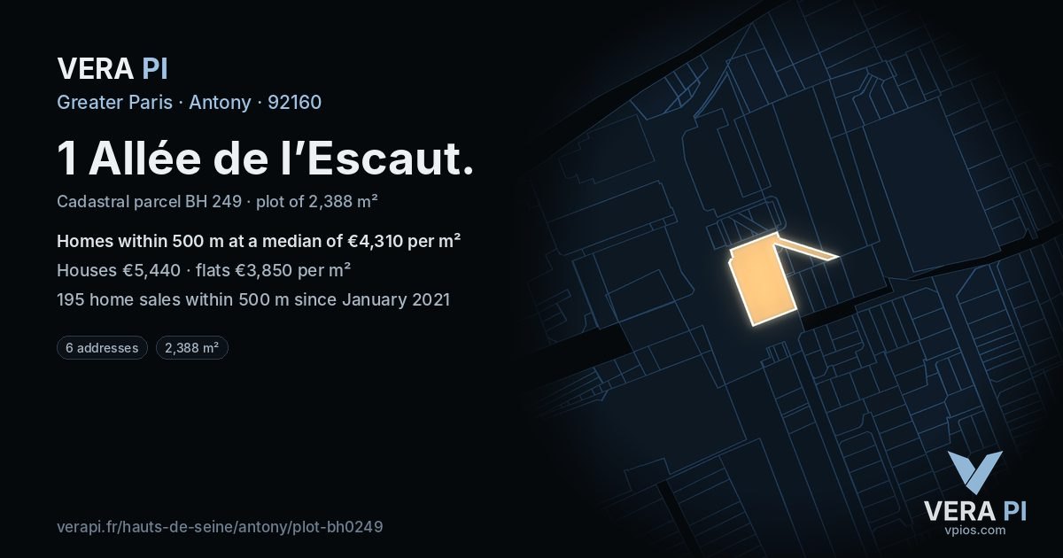 1 Allée de l’Escaut, Antony at night – the plot lit, the parcels around coloured by the prices near them