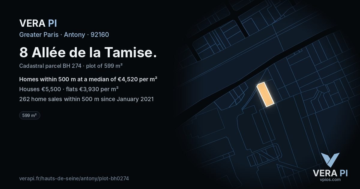 8 Allée de la Tamise, Antony at night – the plot lit, the parcels around coloured by the prices near them