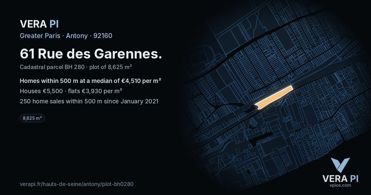 61 Rue des Garennes, Antony at night – the plot lit, the parcels around coloured by the prices near them