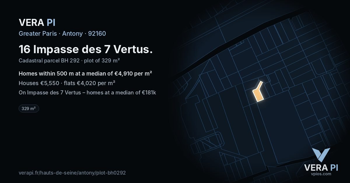 16 Impasse des 7 Vertus, Antony at night – the plot lit, the parcels around coloured by the prices near them