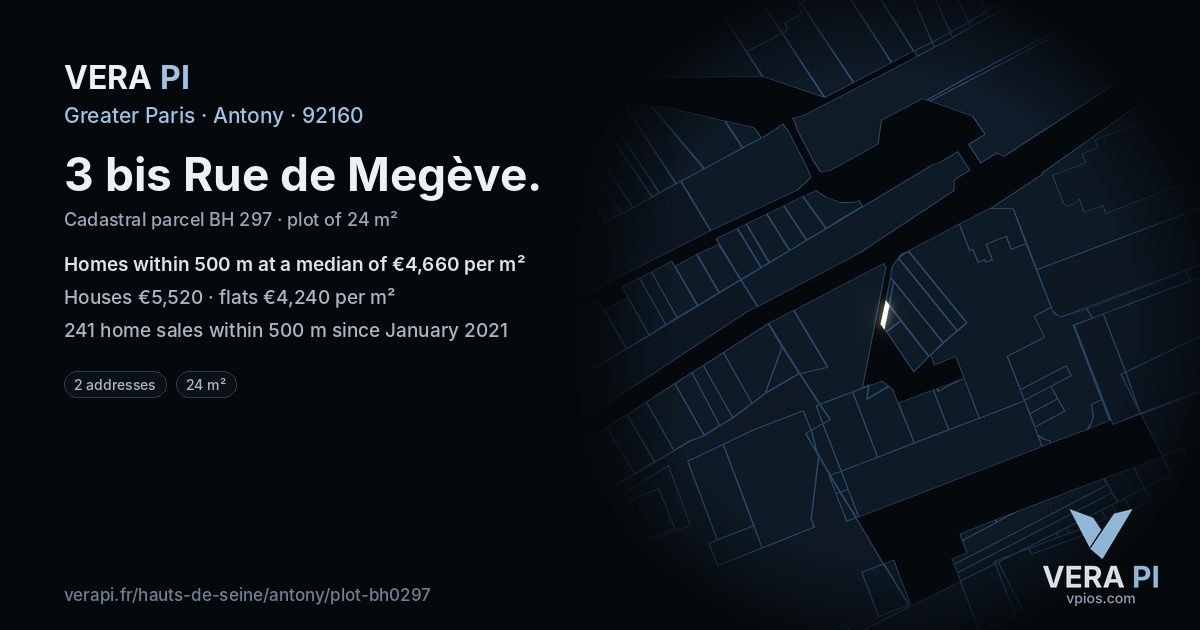 3 bis Rue de Megève, Antony at night – the plot lit, the parcels around coloured by the prices near them