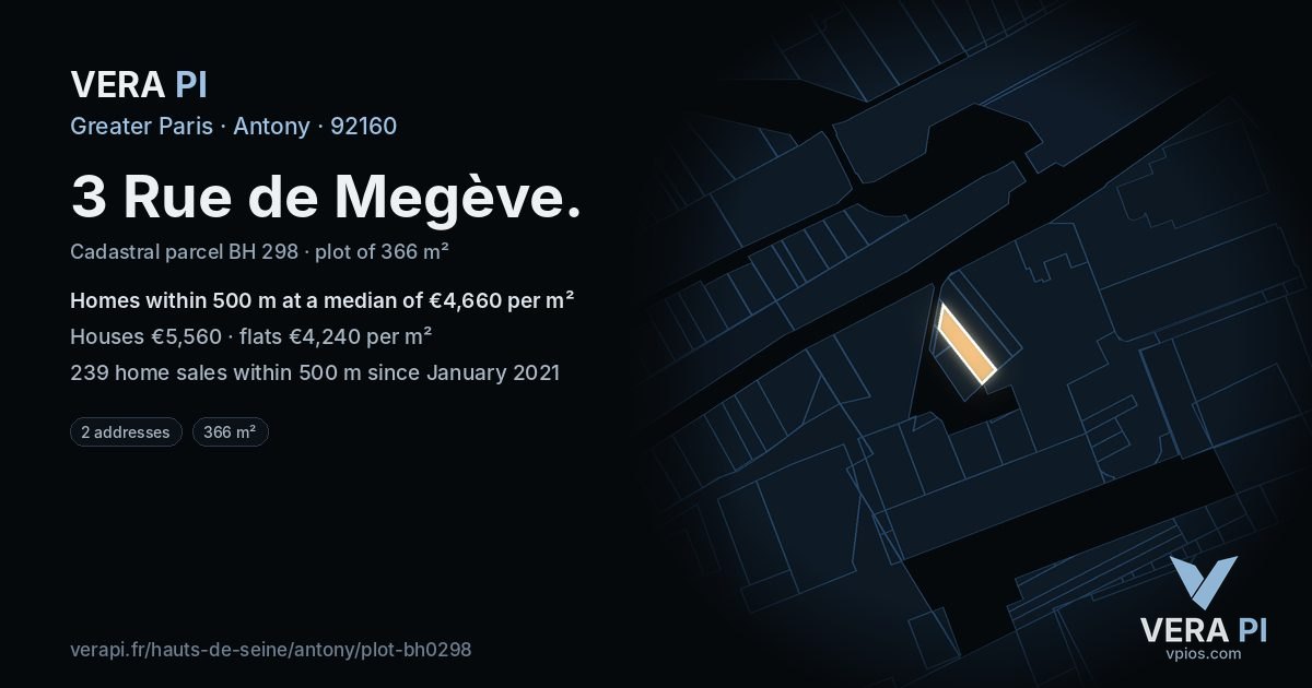 3 Rue de Megève, Antony at night – the plot lit, the parcels around coloured by the prices near them
