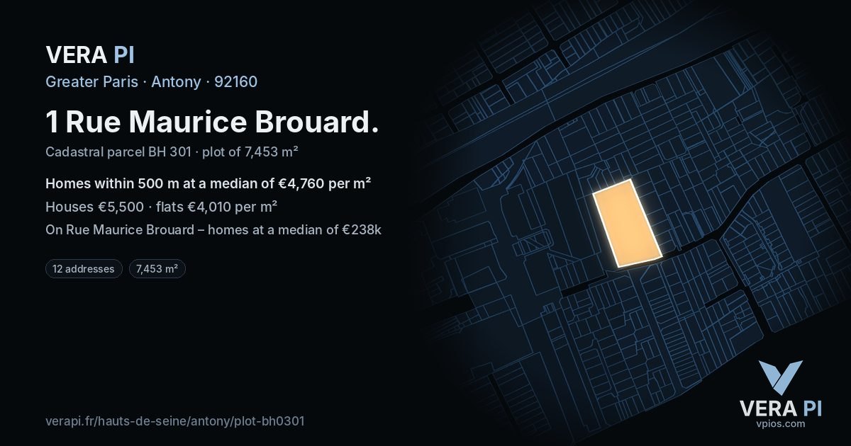 1 Rue Maurice Brouard, Antony at night – the plot lit, the parcels around coloured by the prices near them